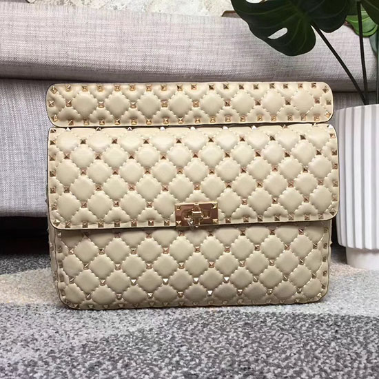 Valentino Borsa Con Catena Rockstud Spike Garavani In Pelle Di Agnello Bianco Sporco V0121