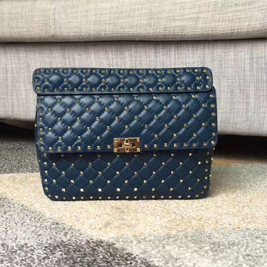 Valentino Borsa Con Catena Rockstud Spike Garavani In Pelle Di Agnello Blu Navy V0121