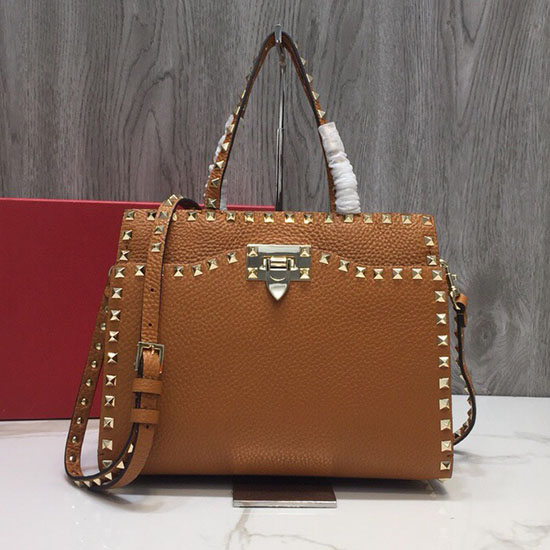 Valentino Borsa Piccola Con Manico Rockstud In Pelle Di Vitello Testurizzata Marrone V6500