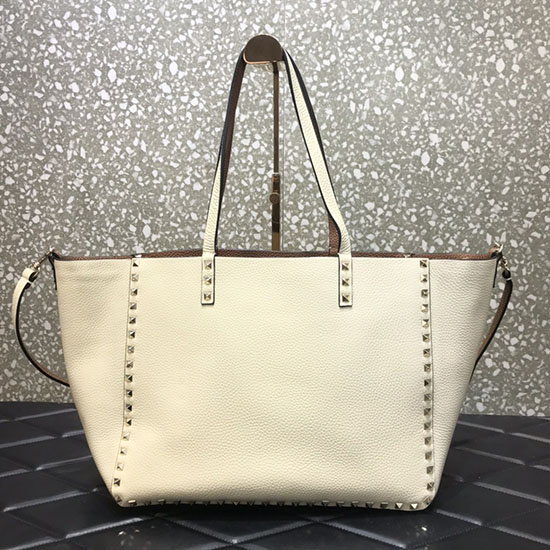 Valentino Borsa Tote Rockstud Reversibile In Pelle Bianca E Marrone V0077