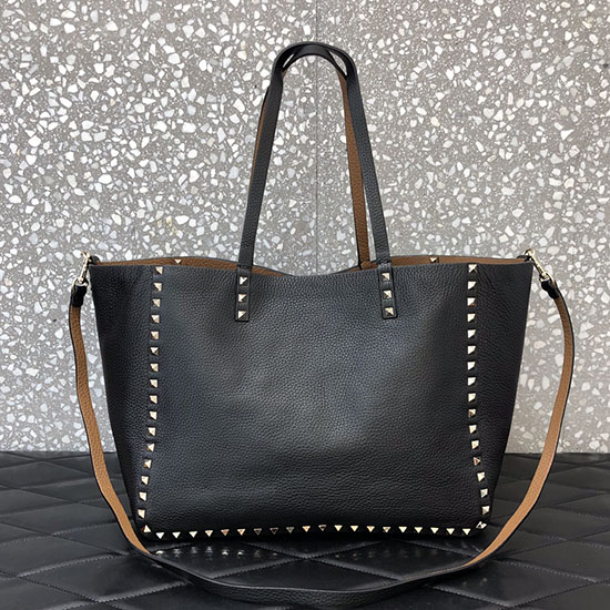 Valentino Borsa Tote Rockstud Reversibile In Pelle Nera E Marrone V0077