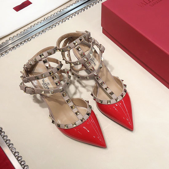 Valentino Décolleté Rockstud In Vernice Con Cinturino Alla Caviglia Rosso Vs03081