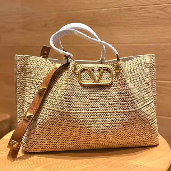 Valentino Garavani Borsa Tote Media In Rafia Vlogo Beige V0099l