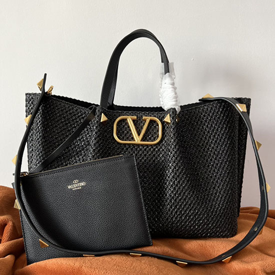 Valentino Garavani Borsa Tote Media In Rafia Vlogo Nera V0099l