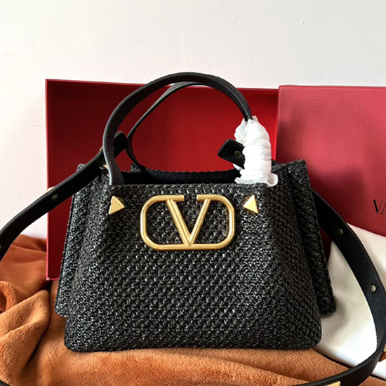 Valentino Garavani Borsa Tote Piccola In Rafia Vlogo Nera V0099s