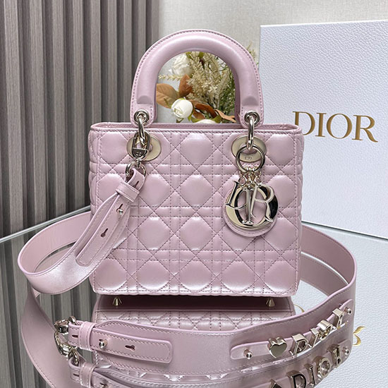 حقيبة Lady Dior My Abcdior من جلد الحمل باللون الوردي اللامع DM0538