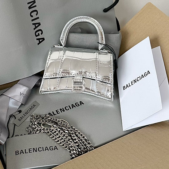 Balenciaga пясъчен часовник нано чанта с горна дръжка сребро B664676