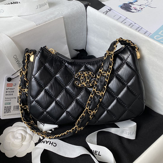 Chanel малка чанта Hobo от телешка кожа черна Ap3647