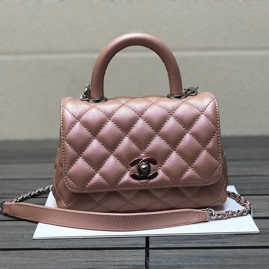 Chanel мини чанта с капак и горна дръжка блестящо розово As2215