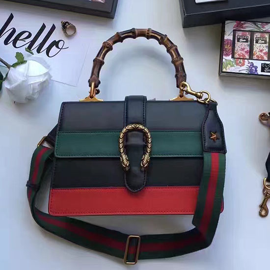 Gucci Dionysus кожена чанта с горна дръжка черно/зелено/червено 448075