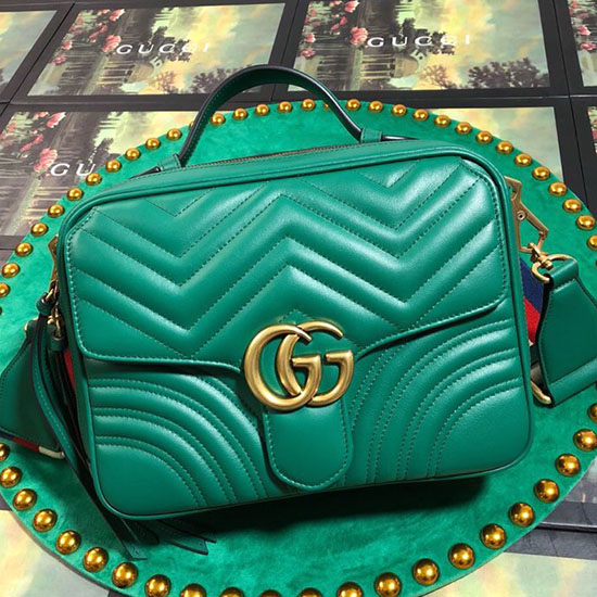 Gucci Gg Marmont малка чанта с горна дръжка зелена 498100