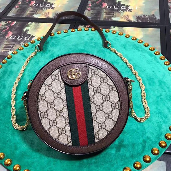 Gucci Ophidia Mini Gg кръгла чанта през рамо кафяво 550618