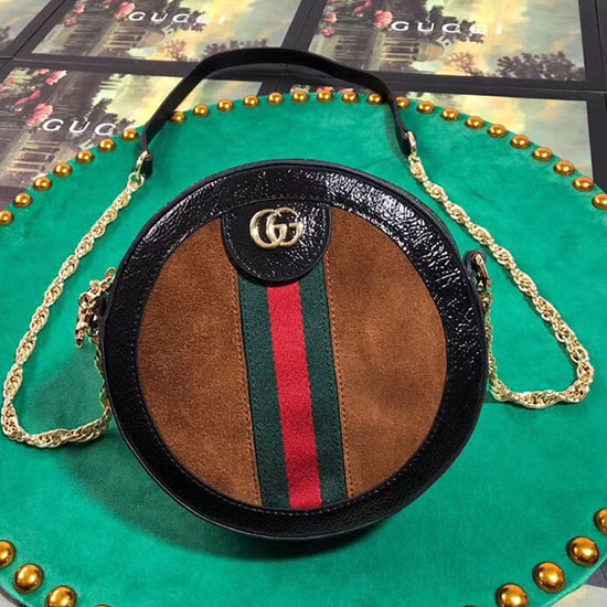 Gucci Ophidia мини кръгла чанта през рамо кафяво 550618