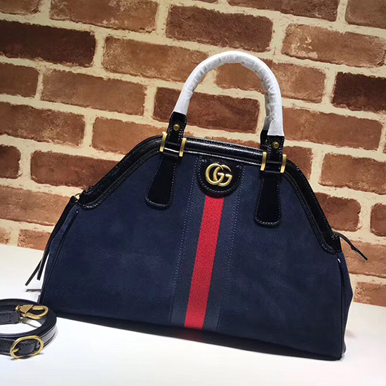 Gucci Re(belle) велурена чанта със средна горна дръжка синя 516459