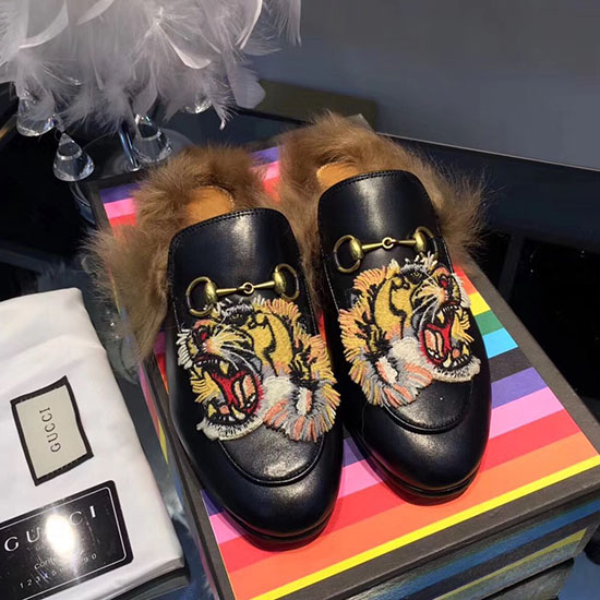 Gucci Tiger Princetown кожени чехли черен 462723