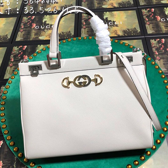 Gucci Zumi зърнеста кожена чанта със средна горна дръжка бяла 564714