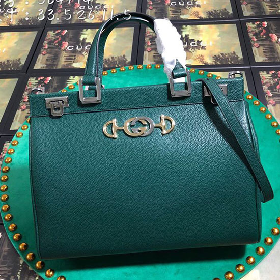 Gucci Zumi зърнеста кожена чанта със средна горна дръжка зелена 564714