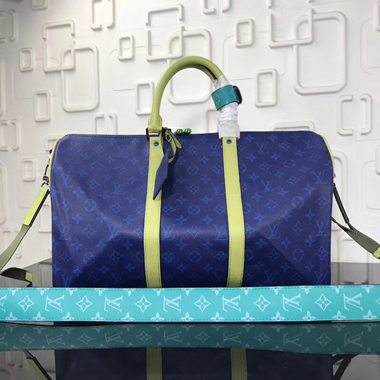 Louis Vuitton Keepall Bandouliere 45 син с жълта дръжка M43858