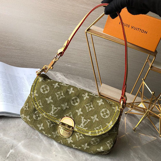 Louis Vuitton монограм дънкова мини чанта на плисета зелена M95050