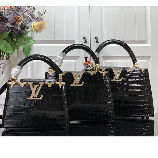 Louis Vuitton релефен крокодил Capucines Bb черен със злато N48865