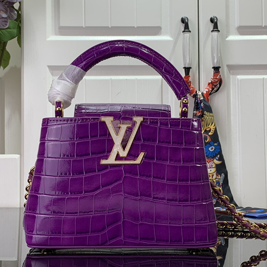 Louis Vuitton релефен крокодил Capucines мини лилаво N81190