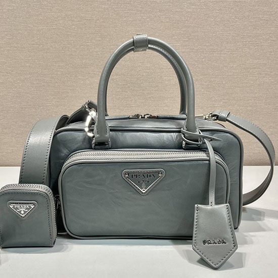 Prada антична кожена чанта напа с горна дръжка сива 1bb099