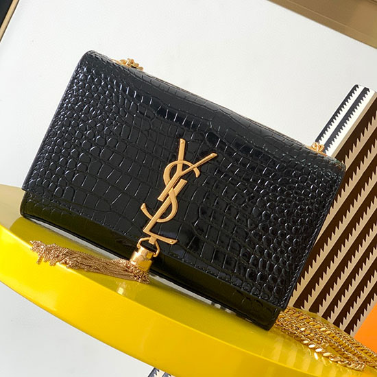 Saint Laurent Crocodile Kate 24 чанта с верига черна със злато 354119