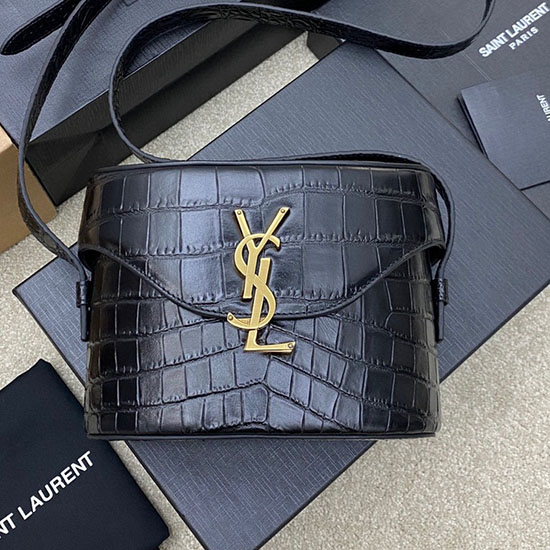 Saint Laurent June Box чанта в черен релефен крокодил 710080