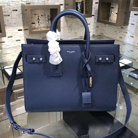 Saint Laurent Sac De Jour Souple чанта от синя зърнеста кожа 464960