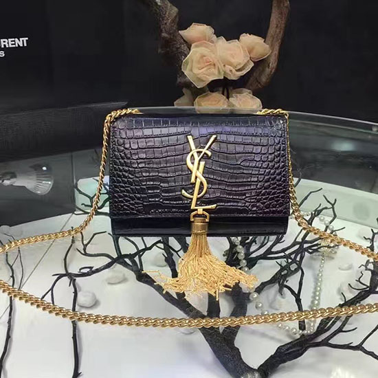 Saint Laurent малка чанта през рамо с монограм и пискюл от крокодилова кожа черна Y121220