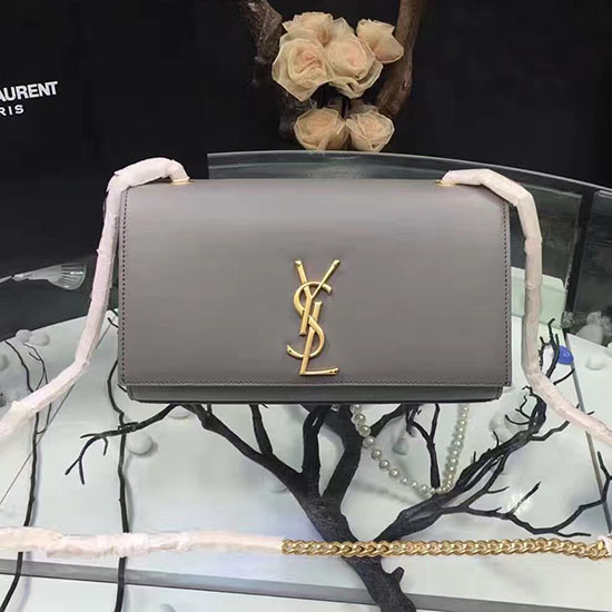 Saint Laurent среден кейт монограм гладка кожена чанта през рамо сива Y121250