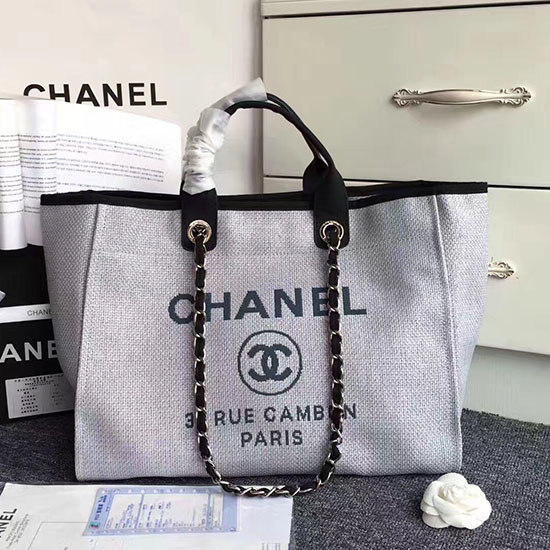 Голяма пазарска чанта Deauville от сиво платно на Chanel A68046