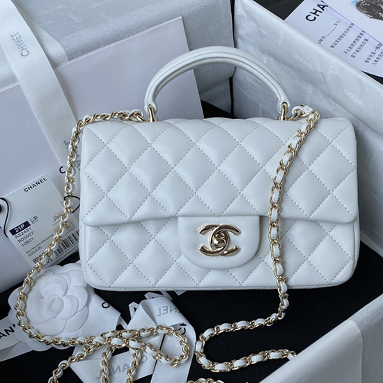 Мини чанта с капак от агнешка кожа на Chanel с горна дръжка бяла As2431