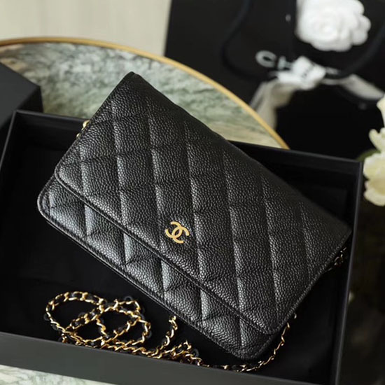 Портфейл с верижка Chanel Caviar Woc черен със златен хардуер A33814