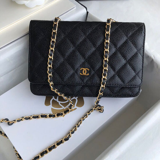 Портфейл с верижка Chanel Caviar Woc черен със златен хардуер A33814