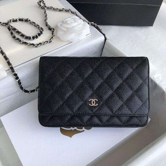 Портфейл с верижка Chanel Caviar Woc черен със сребрист хардуер A33814