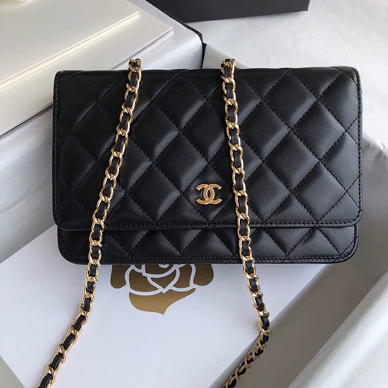 Портфейл с верижка Woc от агнешка кожа на Chanel черен A33814