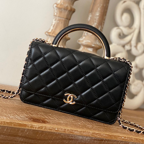 Портфейл с верижка Woc от агнешка кожа на Chanel черен A81207