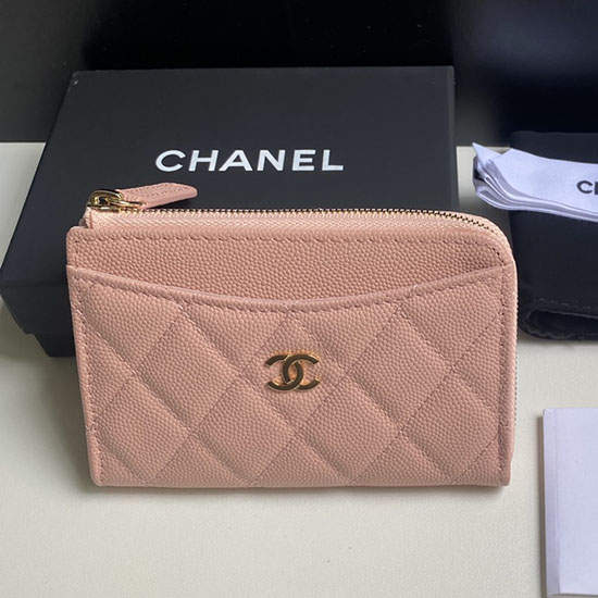 Поставка за карти с цип от зърнеста телешка кожа Chanel Ap3179 розово