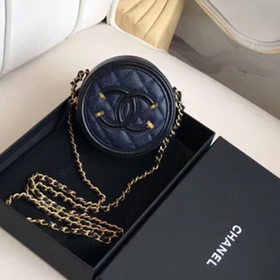 кожена кръгла чанта Chanel Caviar синя A81105