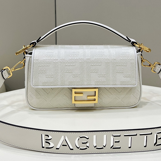 платнена чанта Fendi Baguette Ff бяла F8598