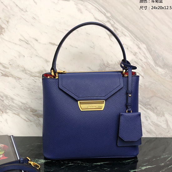 синя чанта Prada Saffiano с горна дръжка 1bn012