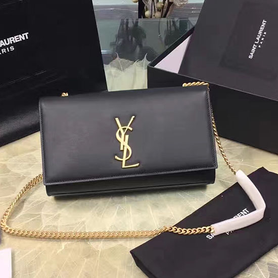 черна гладка кожена чанта за рамо Saint Laurent Kate монограм Y121250