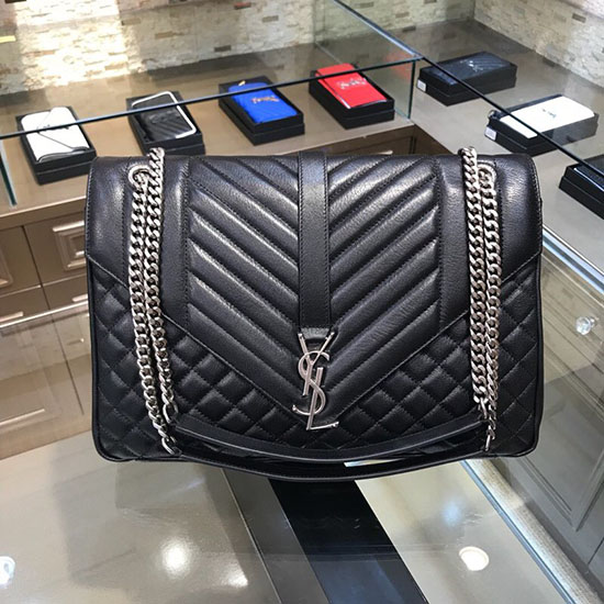 черна чанта през рамо с голяма верига с монограм на Saint Laurent 440115