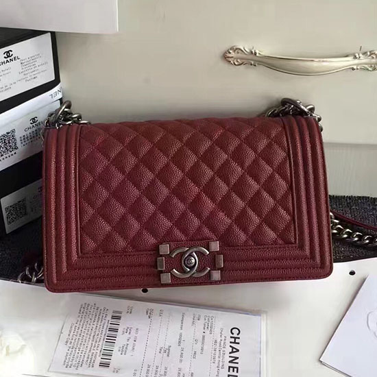 Chanel Burgundy Prošívaný Kaviár Střední Chlapecká Taška 180301