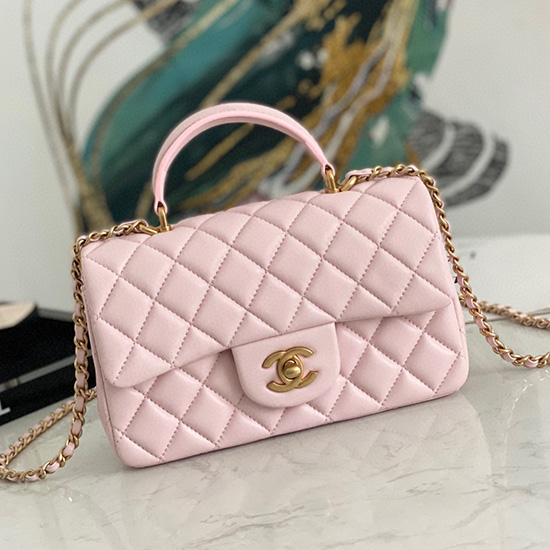 Chanel Jehněčí Mini Taška S Klopou S Horním Uchem Růžová As2431