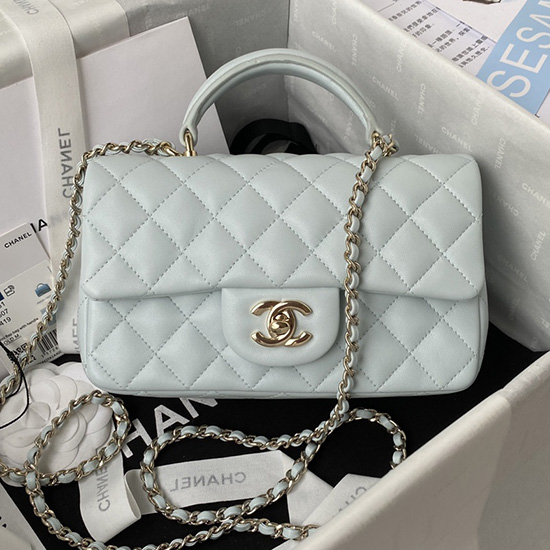 Chanel Lambskin Mini Taška S Klopou S Horní Rukojetí Světle Modrá As2431