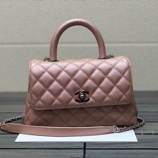 Chanel Malá Taška S Klopou S Horní Rukojetí Leskle Růžová A92990