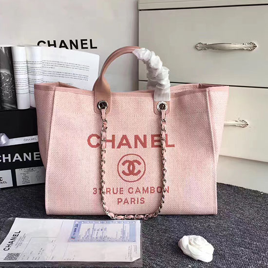 Chanel Růžová Plátěná Velká Nákupní Taška Deauville A68046