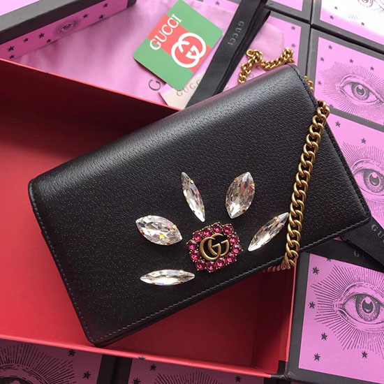 Kožená Mini Kabelka S řetízkem Gucci S Dvojitým G A Krystaly černá 499782